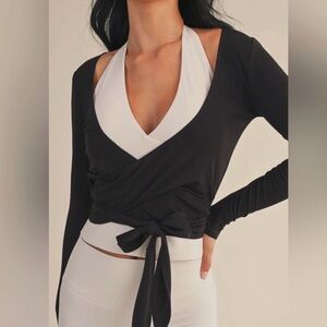 Chic Black and White Long Sleeve Wrap Top